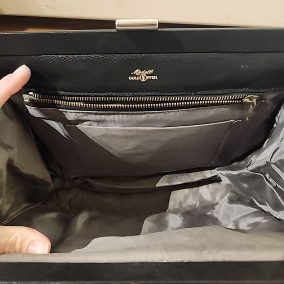 Vintage Shoulder Gold Pfeil Leather Black Hand Bag Evening Purse Clutch - Picture 5 of 7